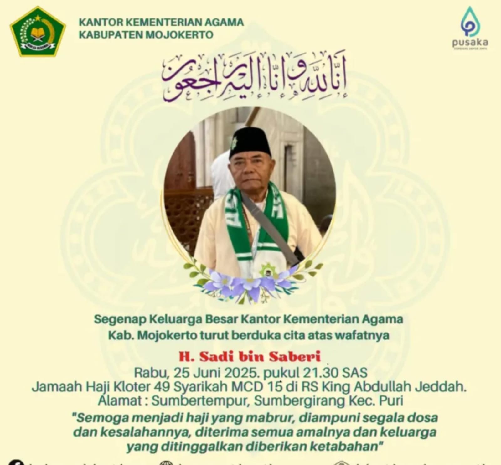 Jemaah Haji Asal Mojokerto Wafat di Jeddah Arab Saudi Saat Akan Pulang ke Tanah Air