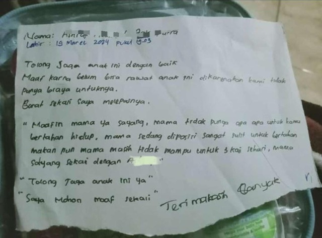 Bayi Laki Ditelantarkan di Pungging, Ortu Tinggalkan Surat Wasiat