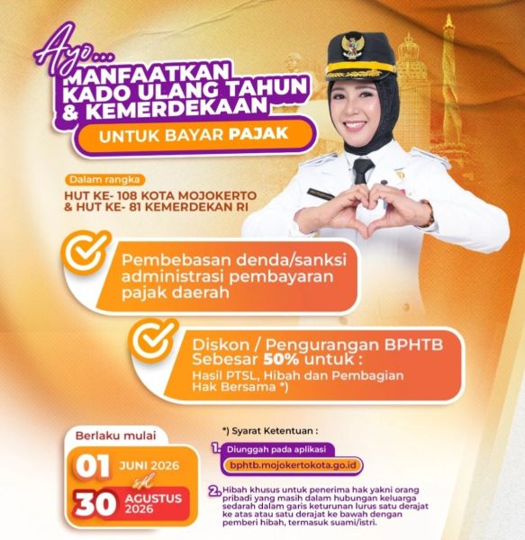 Pemkot Mojokerto Hapus Denda Pajak hingga 30 Agustus, BPHTB Diskon 50 Persen