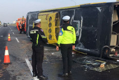 Sopir Diduga Mengantuk, Bus Sudiro Tunggal Jaya Terguling di Tol Jombang-Mojokerto